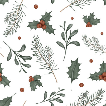 Watercolor seamless pattern of branches with Christmas red berries of ilex and fir tree branches....