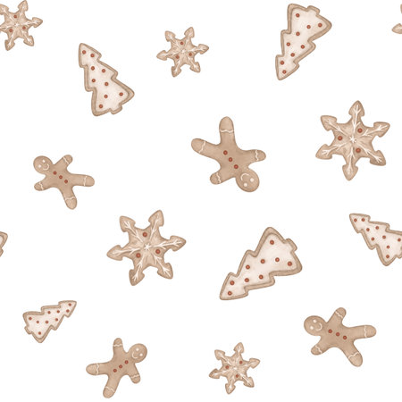 Hand-drawn seamless pattern with Christmas illustration gingerbread man and cookies in the shape of a snowflake and tree. New year repeat print for design textile or wrapping paper with cookies.の写真素材