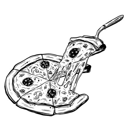 Sketch of pizza. Hand-drawn ink vector illustration of Italian cuisine, featuring a classic pizza with toppings. Linear graphic elements, fast food theme, for design, isolated on white background.のイラスト素材