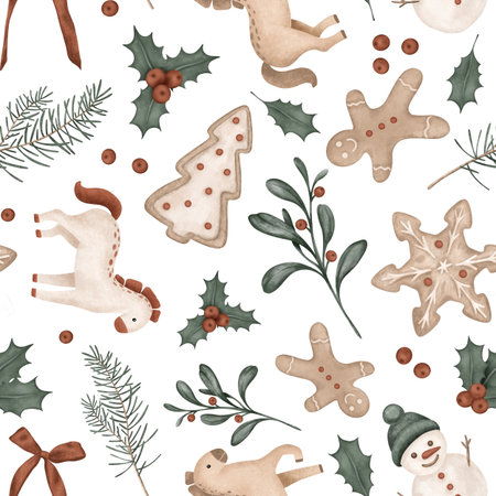 Christmas seamless pattern with symbol, horses, pine branches, for tree, bow. Repeat ornament with illustration holly and red berries and sweet cookie gingerbread and snowman.の写真素材