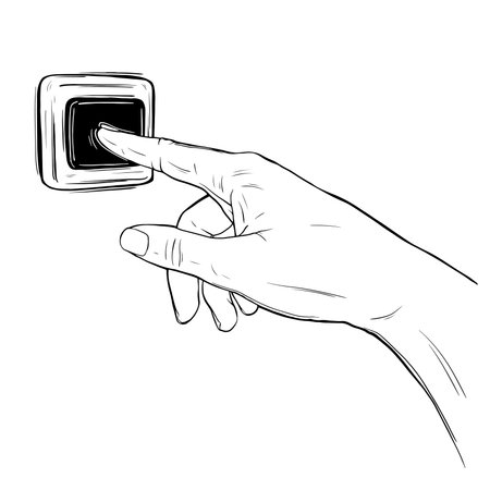 Sketch of a hand pressing the doorbell. Hand-drawn ink vector illustration of rings. Linear graphic...