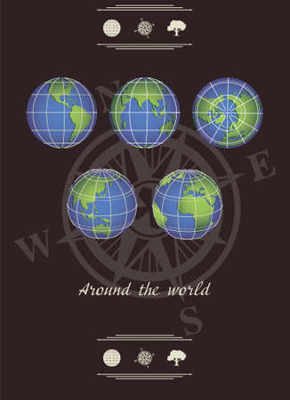 globe at different locations on the ÑÑÐ°ÑÐ¸Ð½Ð¾Ð¼ a dark background with the image of the rose of the windsのイラスト素材