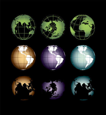 the globe of the earth in different positions on a dark backgroundのイラスト素材