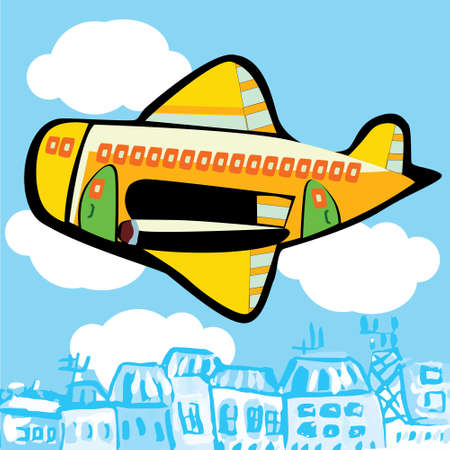 vector illustration of a cartoon airplane flying over the cityのイラスト素材