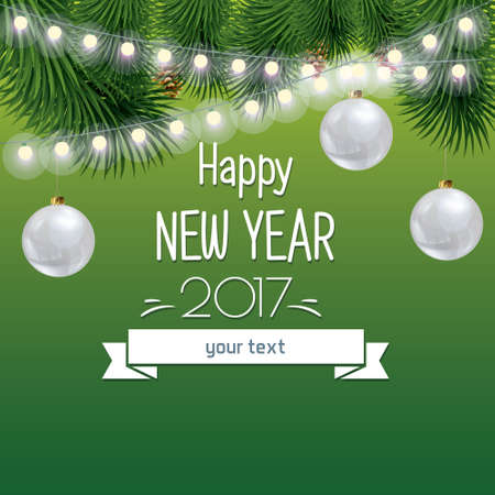 vector illustration of new year and Christmas illustration with Christmas decorations, fireworks and lightsのイラスト素材