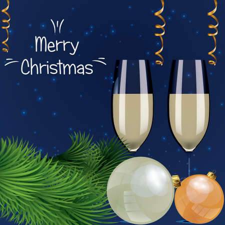 vector illustration of celebration of new year and Christmas with glasses of champagne, fireworks, light bulbs, colorful and brightのイラスト素材