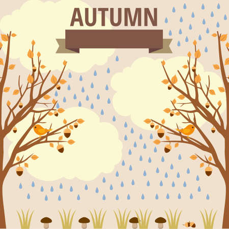 vector autumn illustration of flora and fauna in the forestのイラスト素材