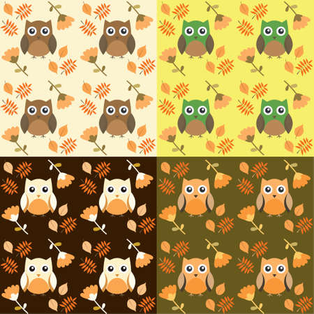 beautiful vector texture owls with autumn leavesのイラスト素材
