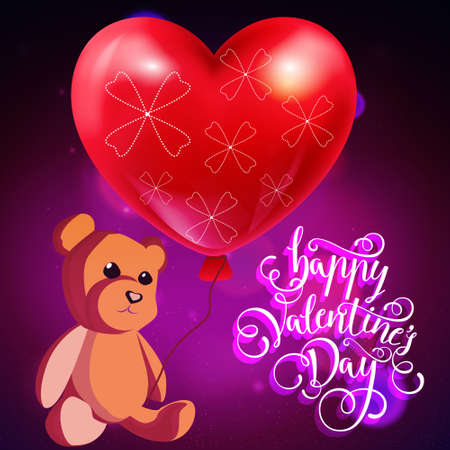 vector Valentines day illustration card background happy Valentine's day with a cute Teddy bear and a balloon Valentine, in love with the beautiful toy bear sittingのイラスト素材