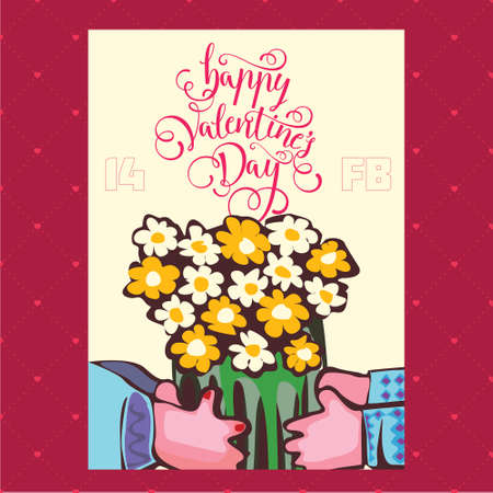 vector illustration of silhouettes of hands of lovers, Valentine's day, lovers sit at the table, lovers holding hands, two people in love,  happy Valentine's day, love, daisiesのイラスト素材