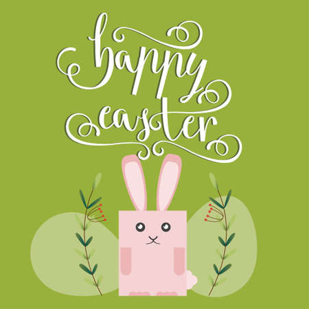 Easter vector bright illustration of happy Easter greeting card with Easter Bunny and painted eggs, easter backgroundのイラスト素材