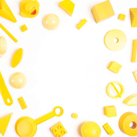 toys background top view on white