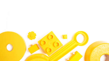 toys background top view on white. kids toys frame on white background. Top view. Flat lay.