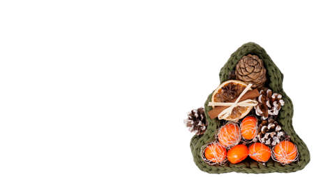 Cinnamon, star anise, dried orange slices on white background isolated. New Year, Christmas, copy...