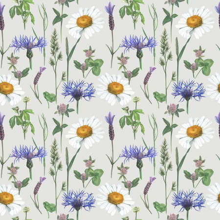 Seamless pattern of summer wildflowers and herbs painted by watercolor. Delicate pattern for fabric, gift wrapping, wallpaper.の写真素材