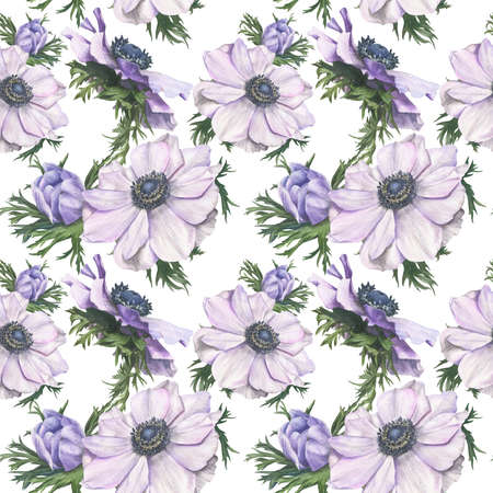 Seamless pattern of floral elements hand-drawn in watercolor. White and lilac anemones, lavender pansies and delicate greens. Great for creating gift wrapping, textiles and wallpapers.の写真素材