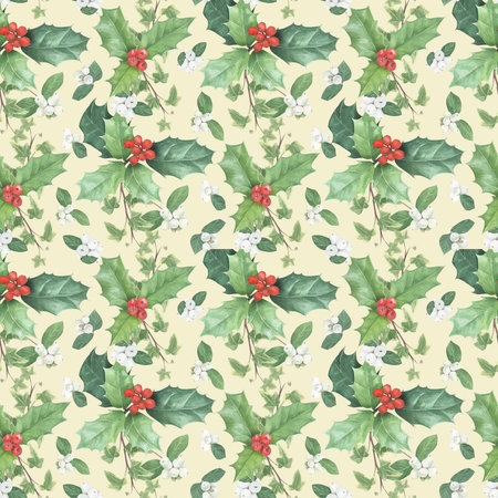 Seamless pattern of Christmas elements painted in watercolor. Bright festive pattern for packaging, fabric and Christmas projects. Holly with berries, Christmas decorations on color background.の写真素材