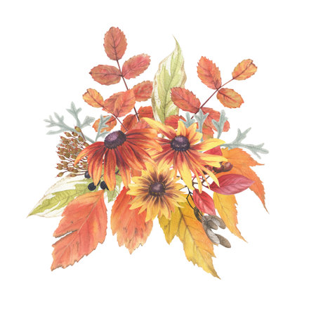Bright composition of plant elements. Autumn flowers berries and leaves watercolor in vintage style. For posters, invitations and bright postcards.の写真素材