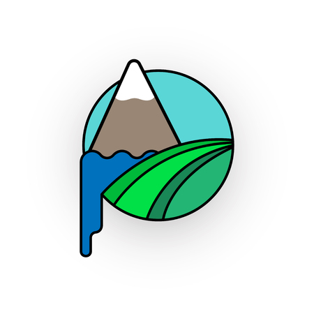 A logo. The globe and landscape with mountains, water, and fieldsのイラスト素材