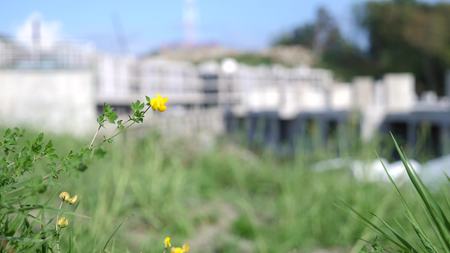 construction of modern luxury hotel on green mountain slope. Fashionable residential area and resort in ecologically clean area. blurの写真素材