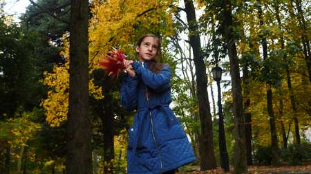 The girl collects colorful leaves for a bouquet and dances with a bouquet of colorful leaves in an autumn park. Autumn time.の写真素材