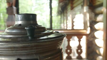 close-up. smoke from the lid a traditional Russian samovar