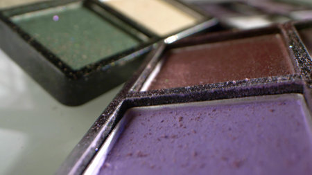 extremely close-up, detailed. palette with used cosmeticsの写真素材