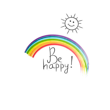 Be happy inspiring creative motivation phrase.Lettering design of positive quote with rainbow and sun for posters, t-shirts, cards. Vector concept illustration.のイラスト素材