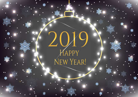 New Year holiday 2019 card with gold Christmas ball, blue snowflakes. Winter celebration banner, poster with frame and decoration. Vector illustration.のイラスト素材