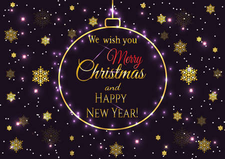 New Year holiday card with gold Christmas ball and golden snowflakes.のイラスト素材