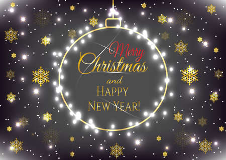 New Year holiday card with gold Christmas ball and golden snowflakes. Winter celebration banner, poster with frame and decoration. Vector illustration.のイラスト素材