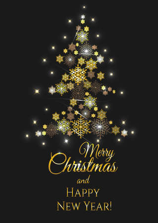 Christmas and New Years black& gold background with Christmas Tree made of snowflakes. Ellegant and stylish vector illustration.のイラスト素材