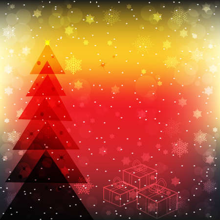 Christmas and New Year background in red and gold colors with abstract shining Christmas tree,gifts boxes, snow and snowflakes. Vector illustration.のイラスト素材