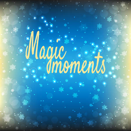 Magic moments text written on the blue shining background with stars, snow and snowflakes.の写真素材