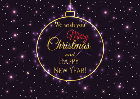 Christmas and New Year card with gold Christmas ball and golden stars ansd sparcles.の写真素材