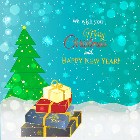 Christmas greeting card with Christmas tree, gift boxes and snow on blue shining background. Vector design for december celebration in cartoon style.の写真素材