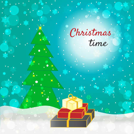 Christmas time -Christmas lettering with Christmas tree, gift boxes, snow and snowflakes on blue background. Vector cute design.の写真素材