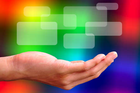 hand with floating text boxの写真素材