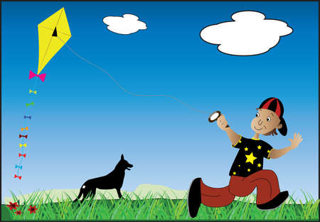 boy flying a kite with his dogのイラスト素材