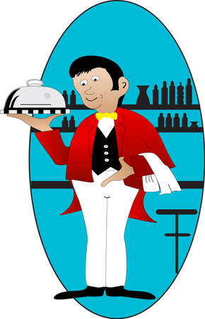 waiter on a blue oval backgroundのイラスト素材