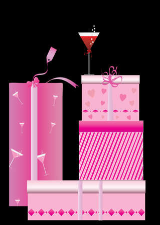 gift box on black background and wine glassのイラスト素材