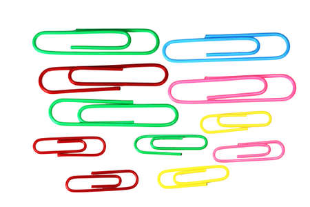 colored paper clips on a white backgroundの写真素材