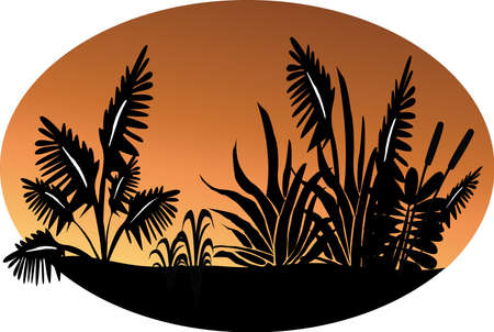 a silhouette of a beautiful garden scene in the sunsetのイラスト素材