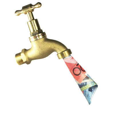 a brass tap with notes on a white backgroundの写真素材