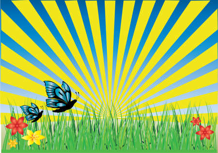 green grass with flowers and butterflies and yellow raysのイラスト素材