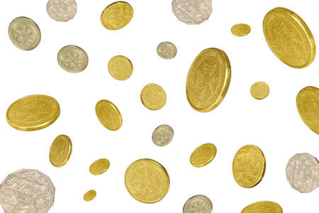 lots of coins falling on a white backgroundの写真素材