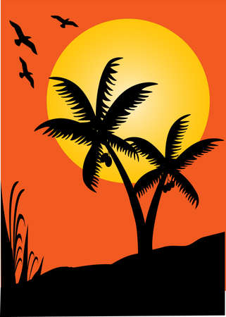 silhouette of palms and birds at sunset のイラスト素材