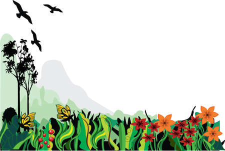 a peacefull scene of a garden with hills in the bckgroundのイラスト素材