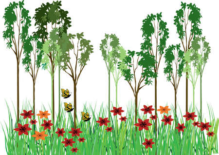 a beautiful peaceful setting of trees and flowersのイラスト素材