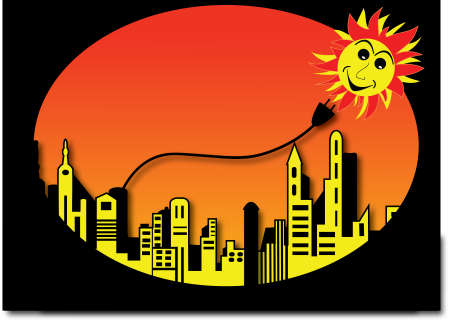 happy sun shining over a city silhouetteのイラスト素材